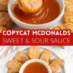 Bowl of sweet and sour sauce with chicken nuggets.