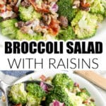 Bowl of broccoli salad with raisins.