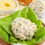 Plate with lettuce topped with chicken salad.