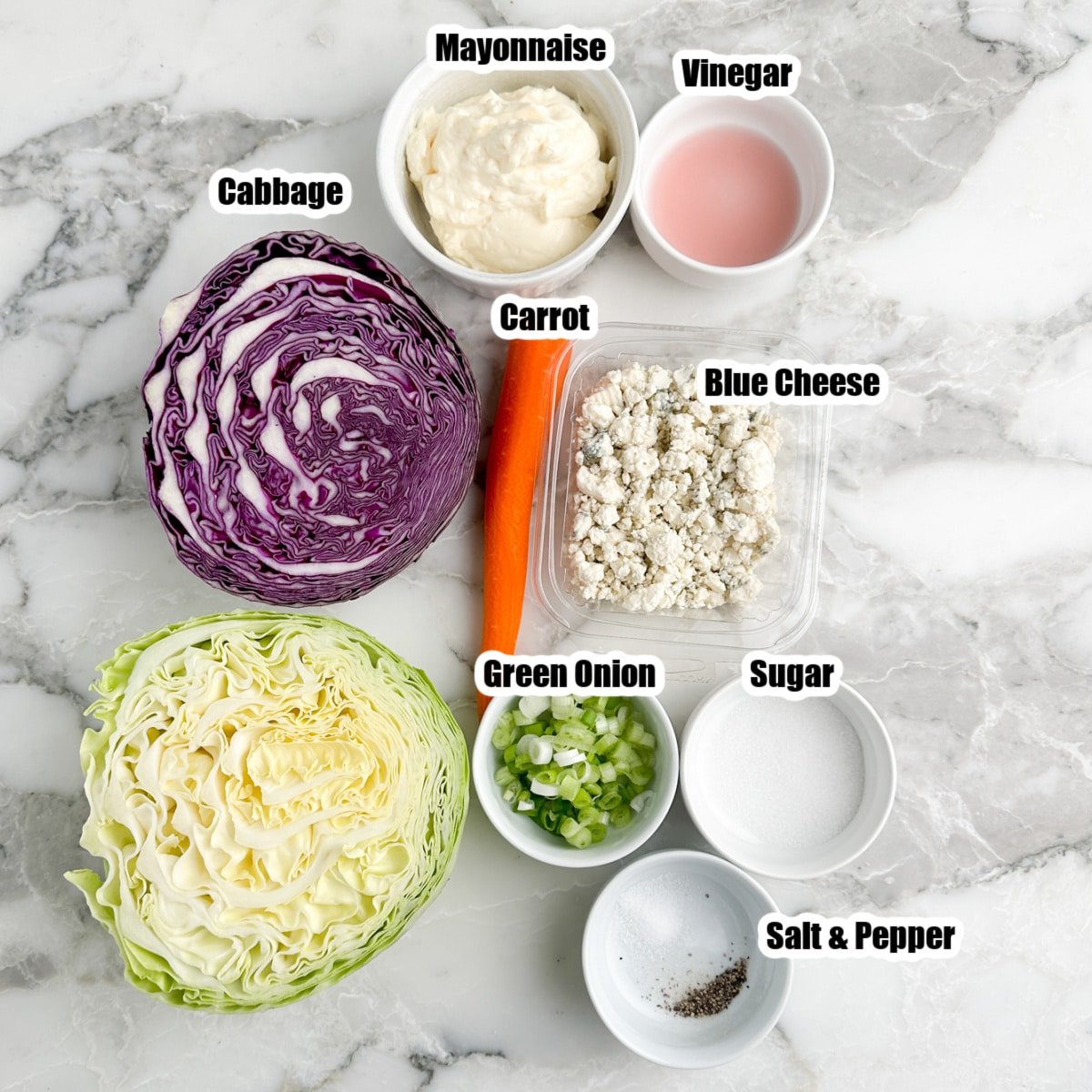 Red and green cabbage, bowl of mayonnaise, vinegar, carrots, green onions, blue cheese, and sugar.