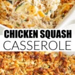 Chicken squash casserole topped with stuffing in a casserole dish.