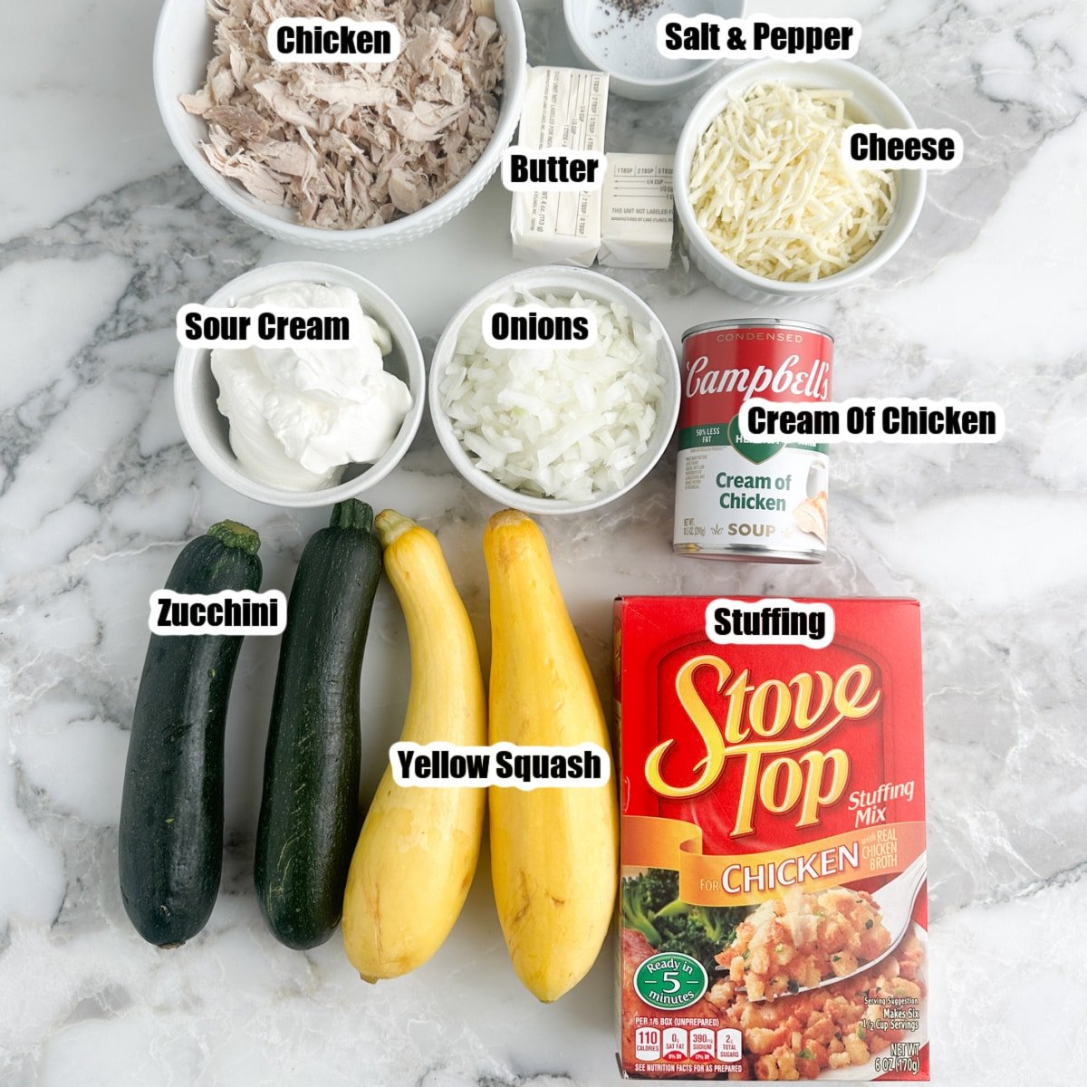 Zucchini, squash, box of stuffing, chicken, shredded cheese, diced onions, butter, sour cream, and seasonings.