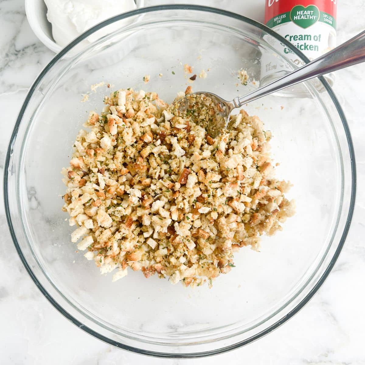 Bowl of stuffing mix.