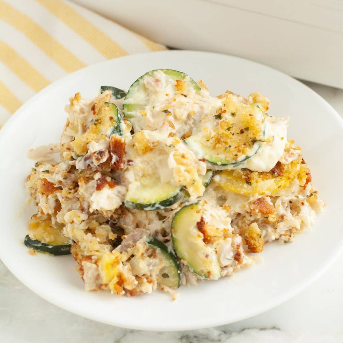 Plate of chicken zucchini casserole.