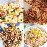 A collection of Memorial Day recipes like pasta salad, beans, corn dip, iced tea, and blueberry pie.