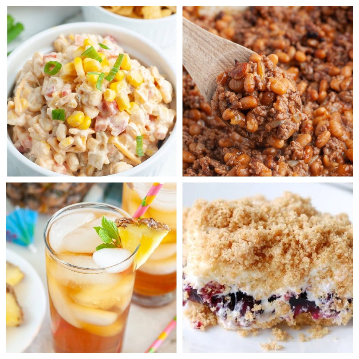 Corn dip, baked beans, iced tea, and blueberry pie.
