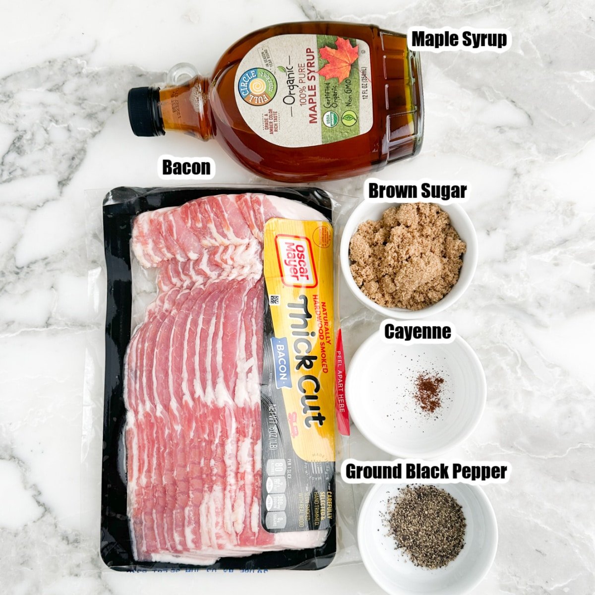 Pack of bacon, syrup, brown sugar, cayenne pepper, and black pepper.