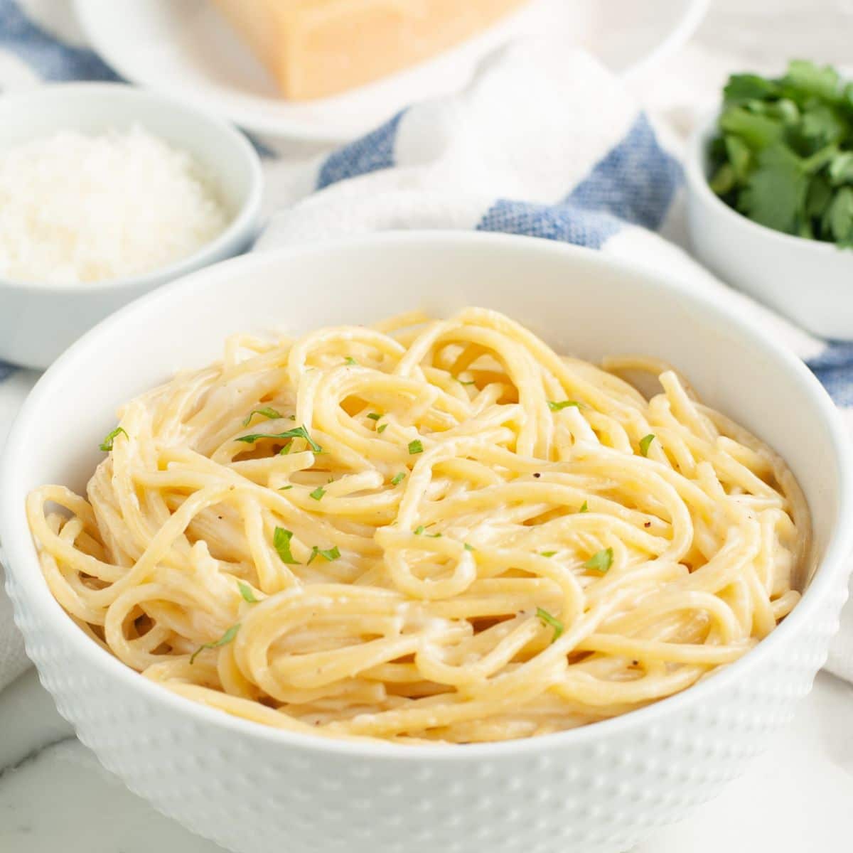 Bowl of alfredo spaghetti.