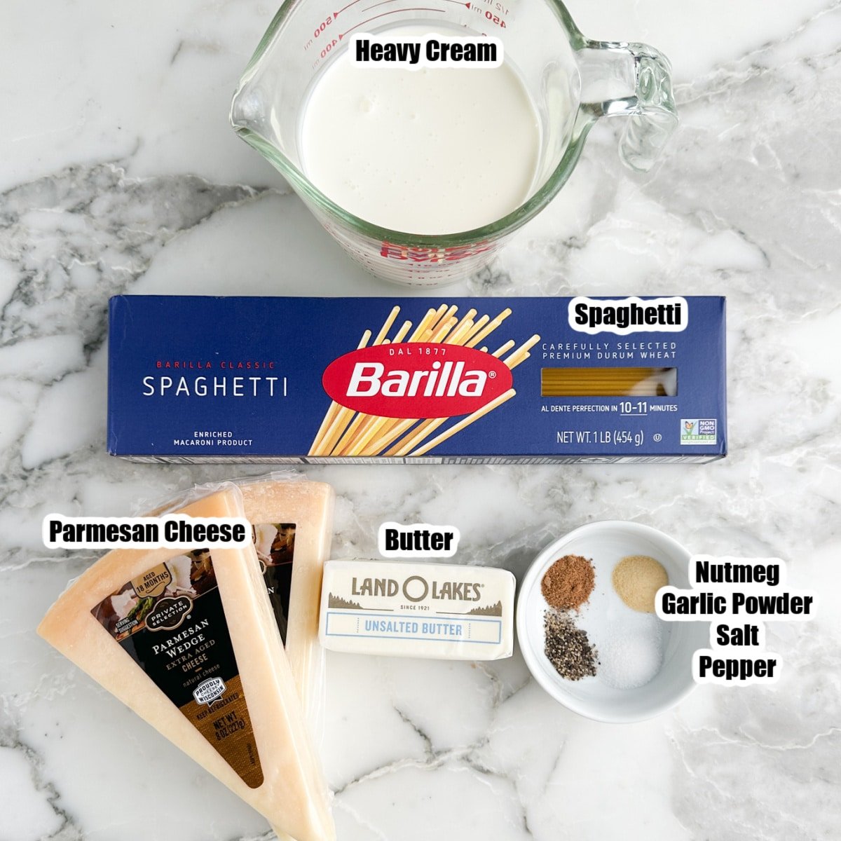 Box of spaghetti, parmesan cheese, cream, and butter.