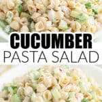 Bowl of cucumber pasta salad.