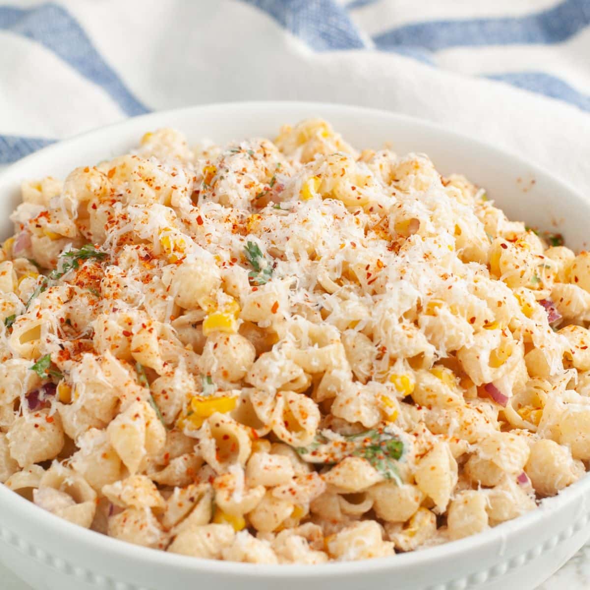Bowl of elote pasta salad.
