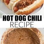 Hot dogs topped with chili and a bowl of chili.