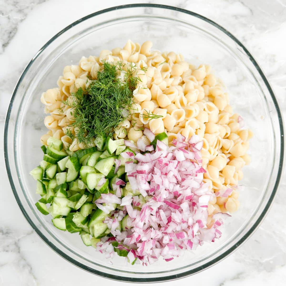 Bowl of pasta with diced cucumber, red onion, and dill.