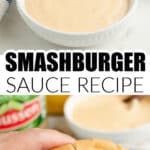 Bowl with smashburger sauce and a hand holding a burger.