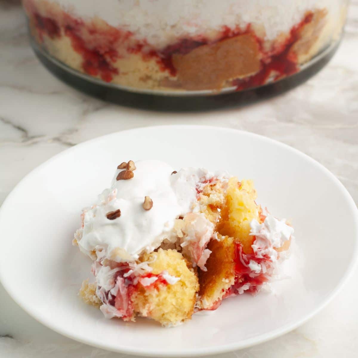 Plate of layered punch bowl cake.