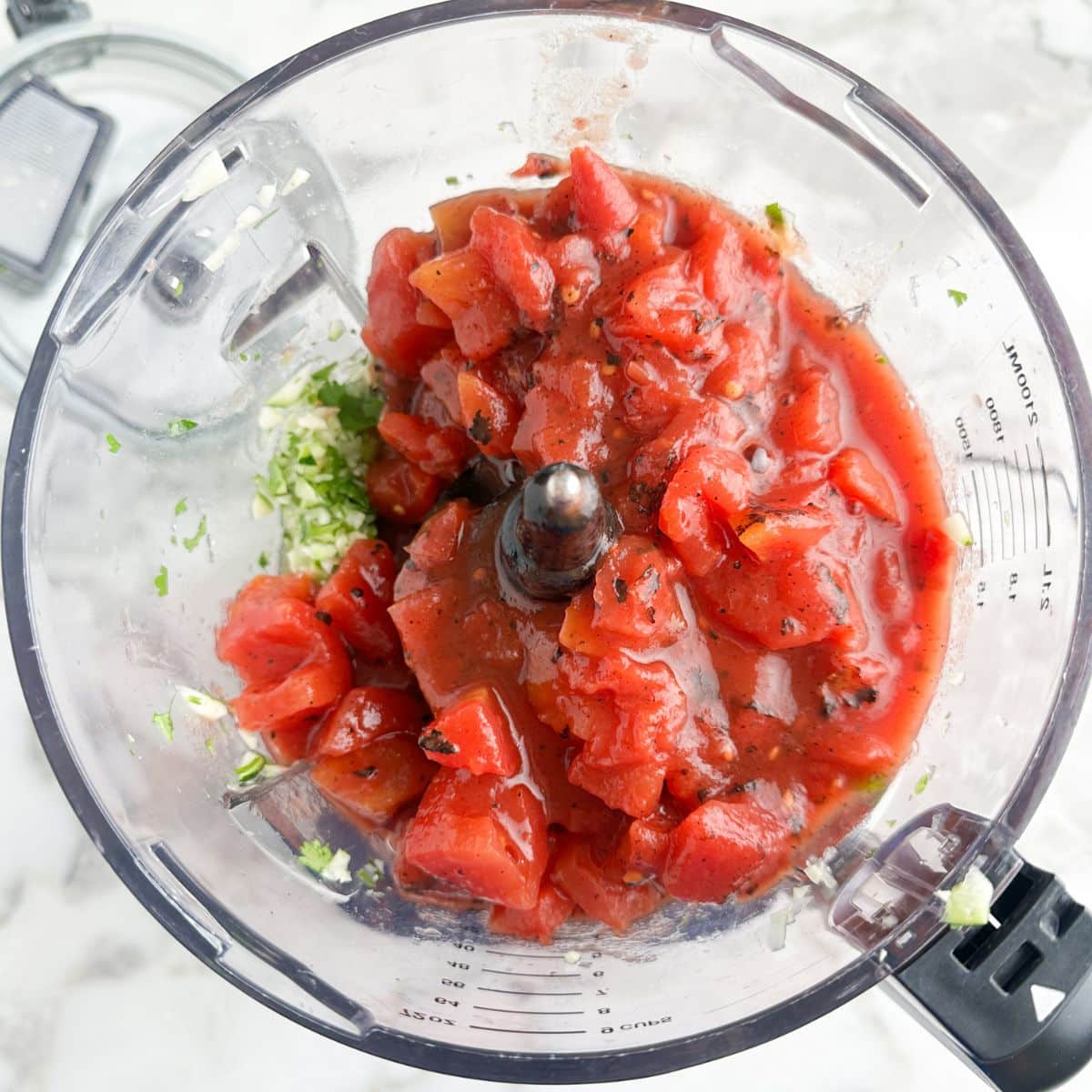 Food processor with fire roasted tomatoes.