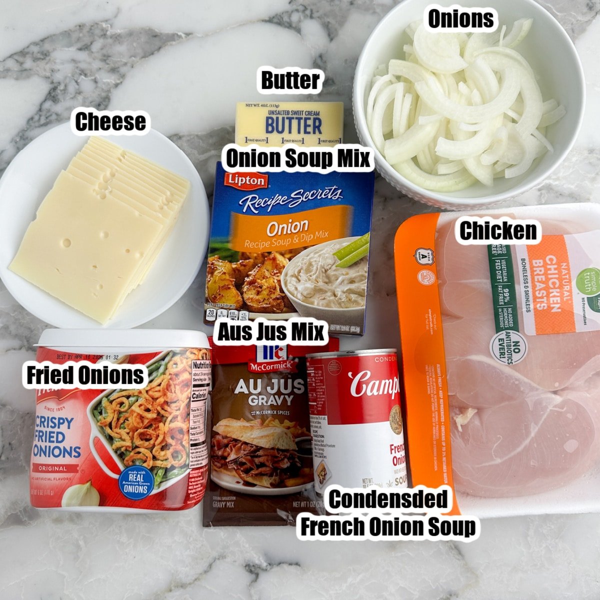 Sliced onions, chicken, butter, French onion soup, onion soup mix, au jus, and fried onions.