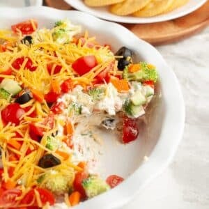 Dish with veggie pizza dip.