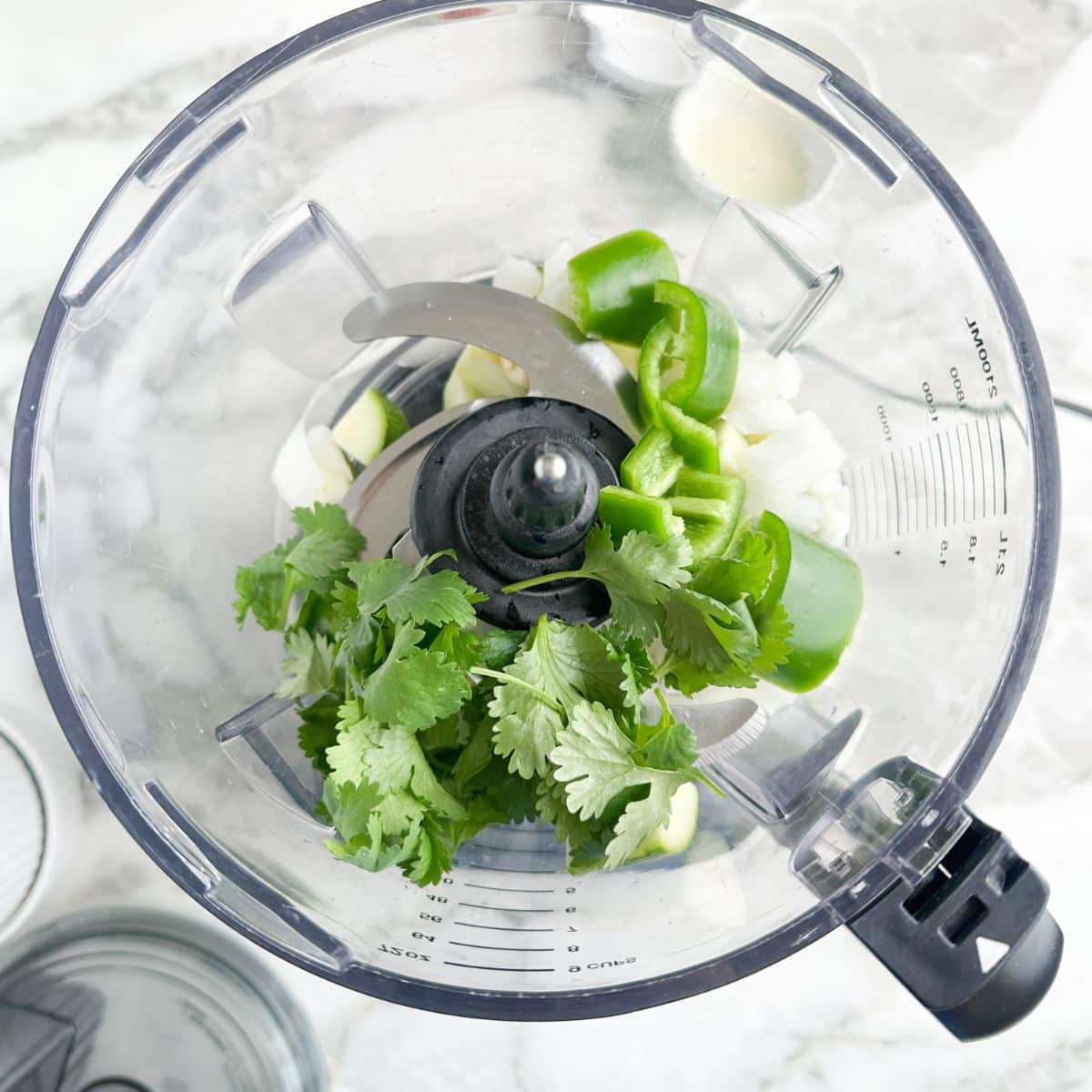 Food processor with onion, jalapeno, zucchini, and cilantro. 