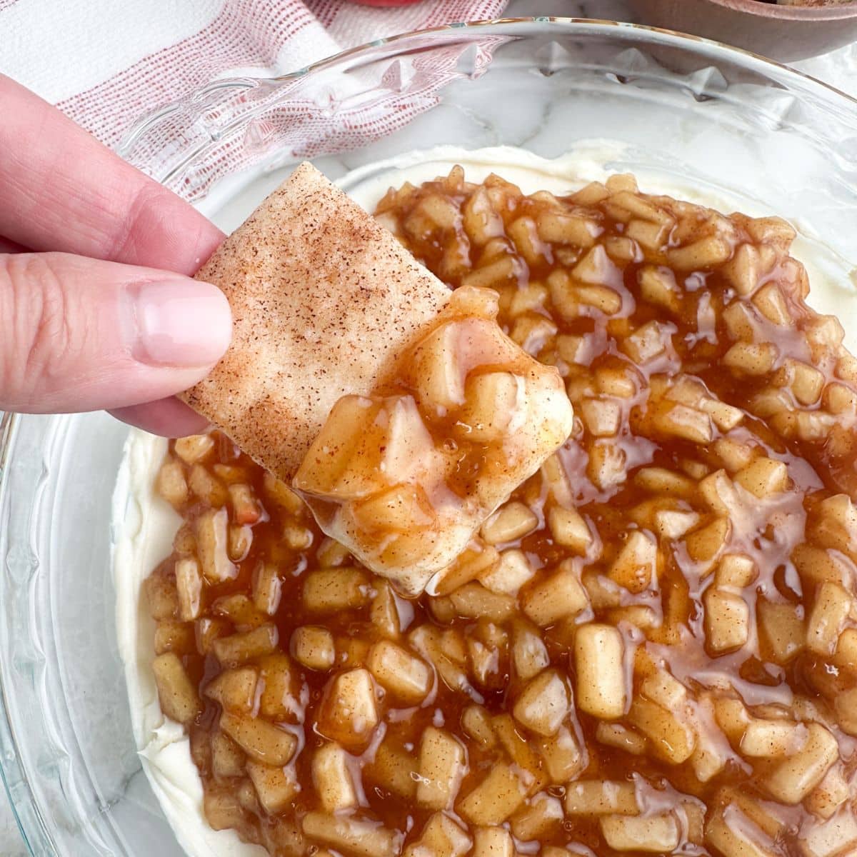Apple pie dip on a cinnamon cracker.