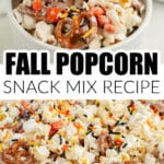 Bowl of fall popcorn snack mix.