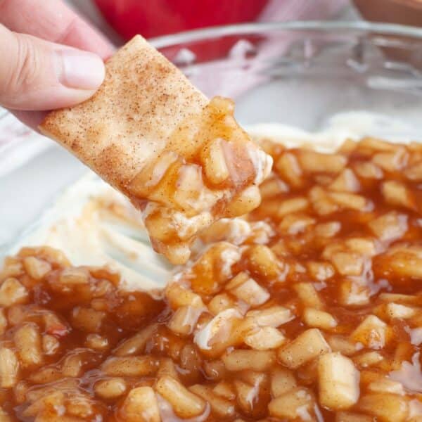 Hand holding a cinnamon cracker with apple pie dip.