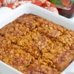 Baking dish with baked pumpkin oatmeal.