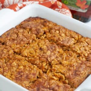 Baking dish with baked pumpkin oatmeal.