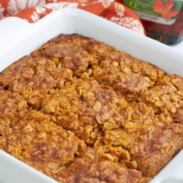 Baking dish with baked pumpkin oatmeal.