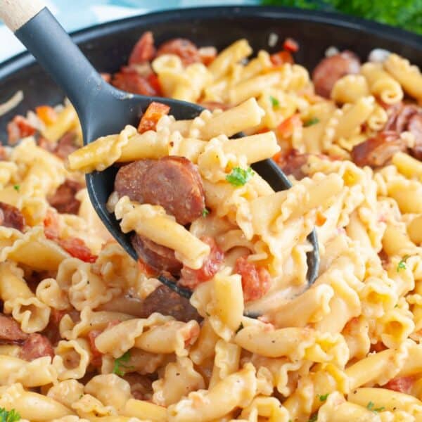 Spoon with cajun sausage pasta.