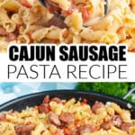 Skillet with cajun sausage pasta.