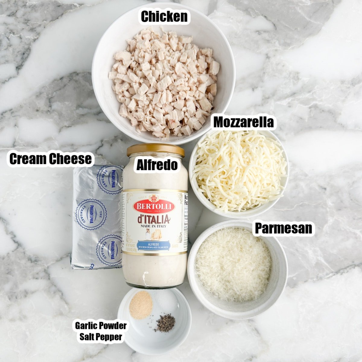 Bowl of rotisserie chicken, jar of Alfredo sauce, shredded mozzarella, parmesan, cream cheese, and seasonings.
