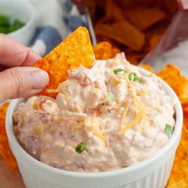 Dorito dip going into creamy dip.