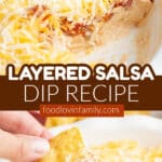 Layered salsa dip in a baking dish.