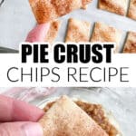 Hand holding a cinnamon pie crust chip.