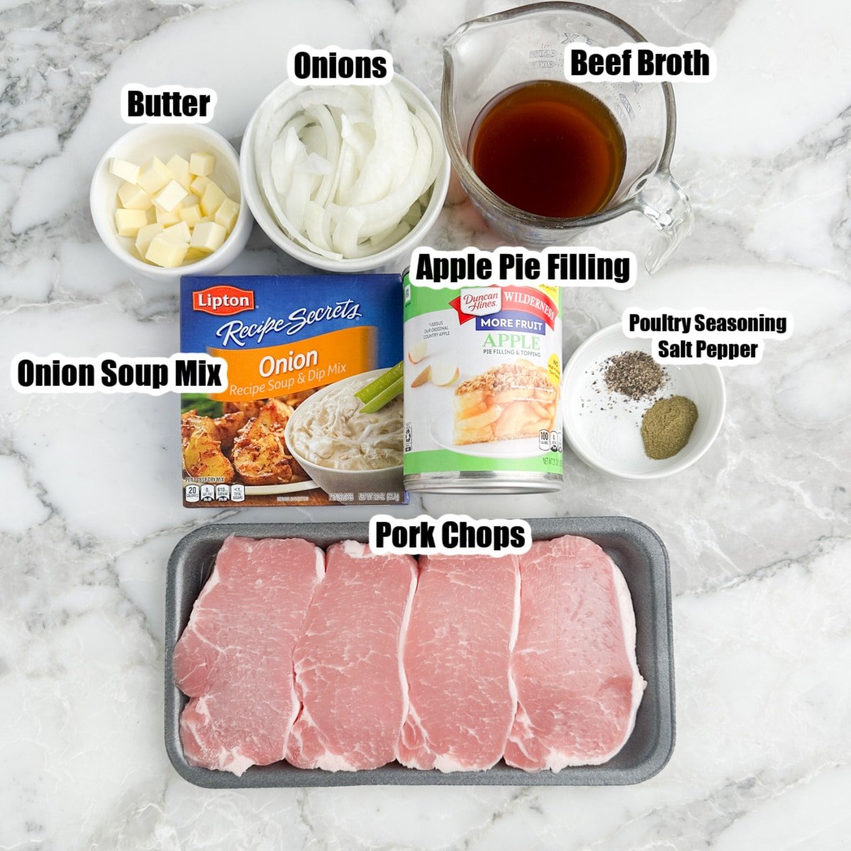 Pork chops, onion soup mix, canned apple pie filling, broth, onions, and butter.