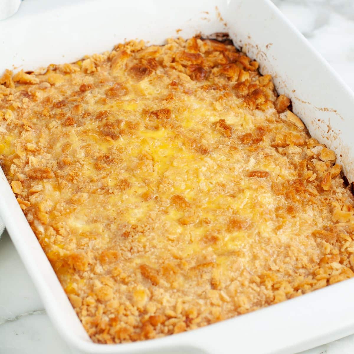 Casserole dish with Swiss corn bake.