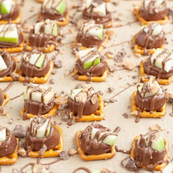 Baking dish with caramel apple pretzel bites.