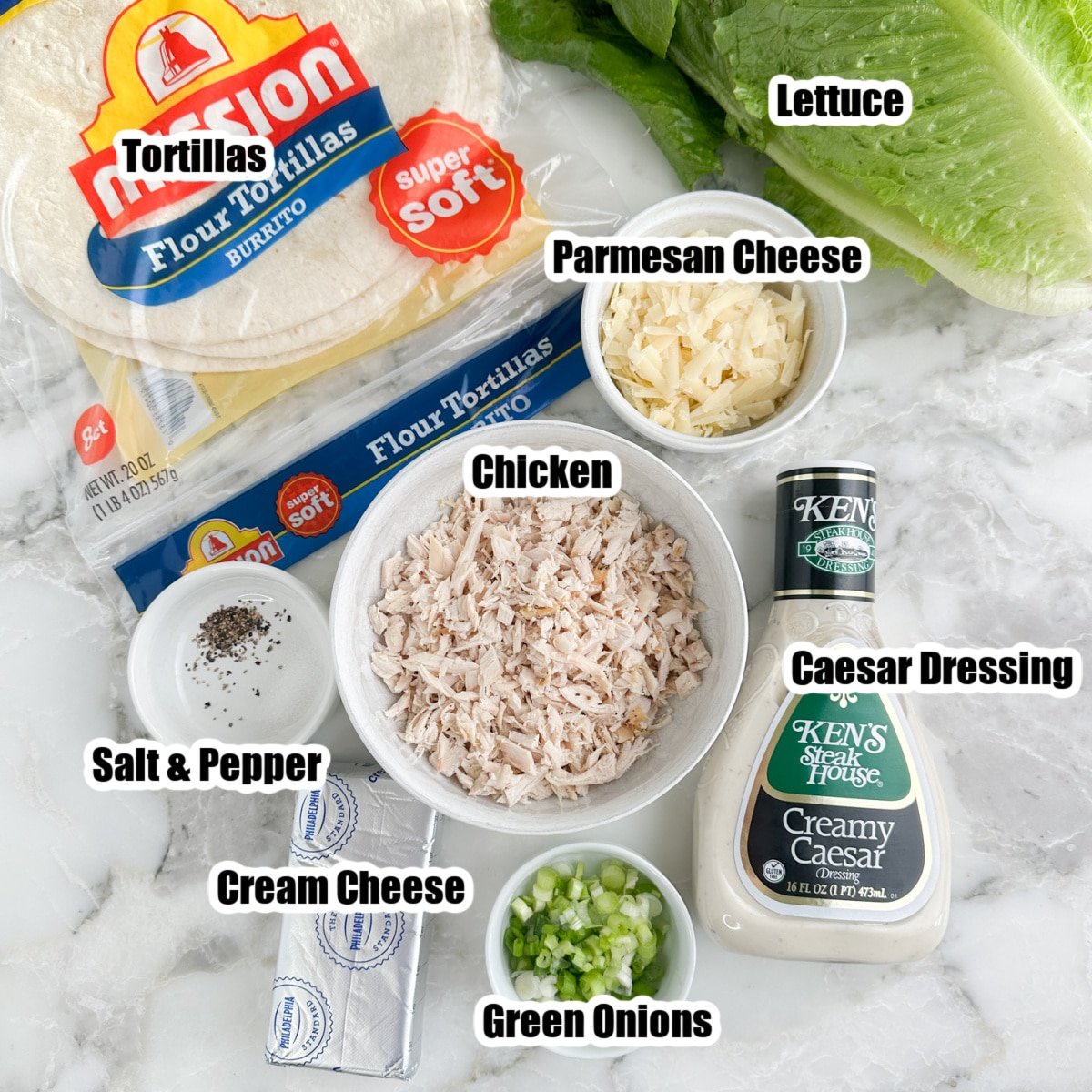 Bowl of chicken, green onions, parmesan cheese, bottle of Caesar dressing, and lettuce.