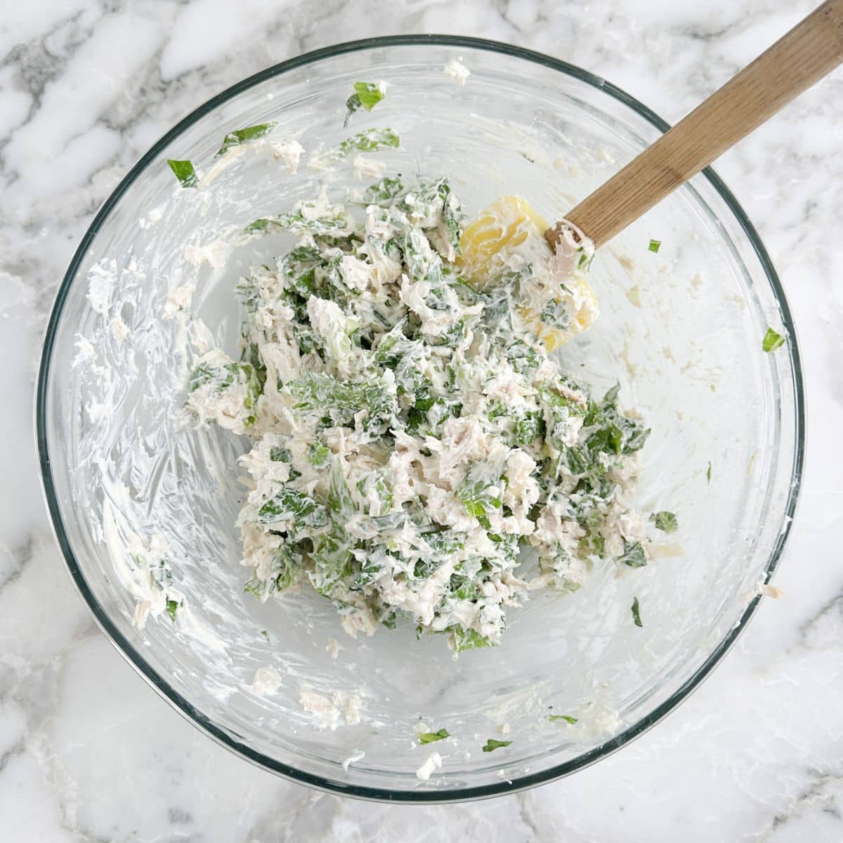 Bowl of chicken caesar salad mixture.