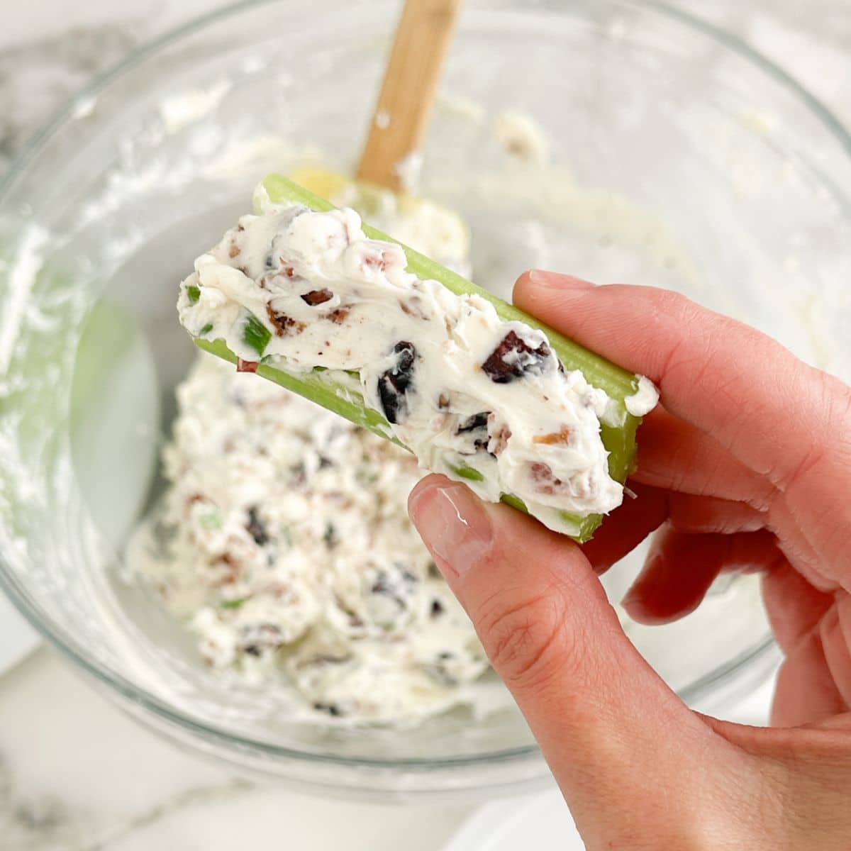 Hand holding cream cheese stuffed celery.