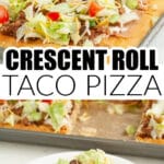 A piece of taco pizza on a plate.