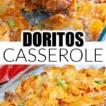 Scoop of Doritos casserole in a casserole dish.