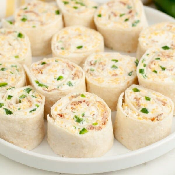 Plate of jalapeno popper pinwheels.