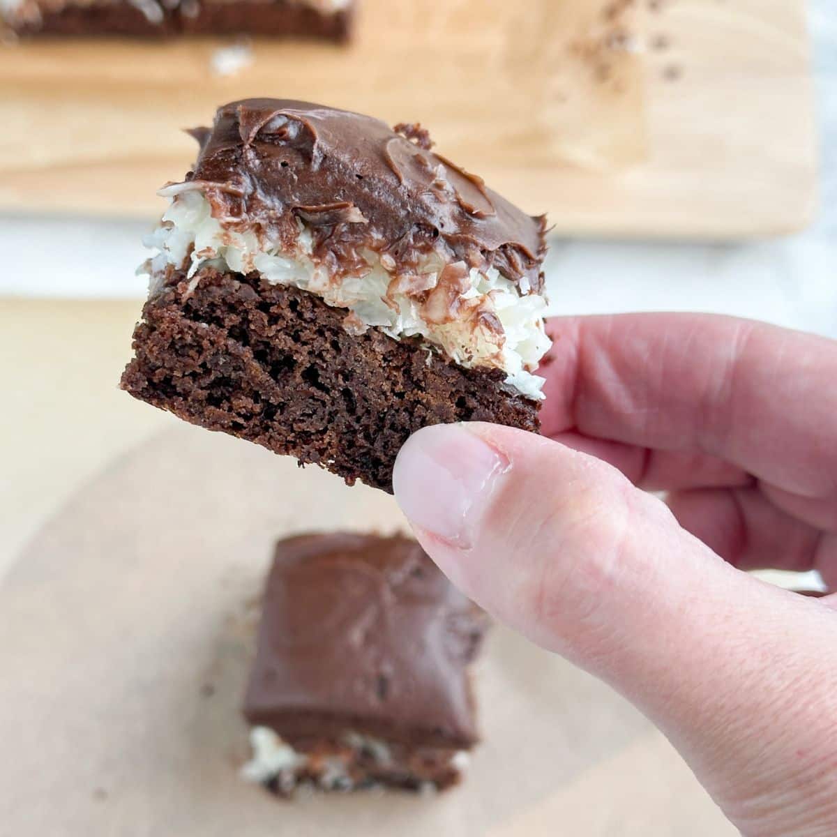 Hand holding a coconut brownie.