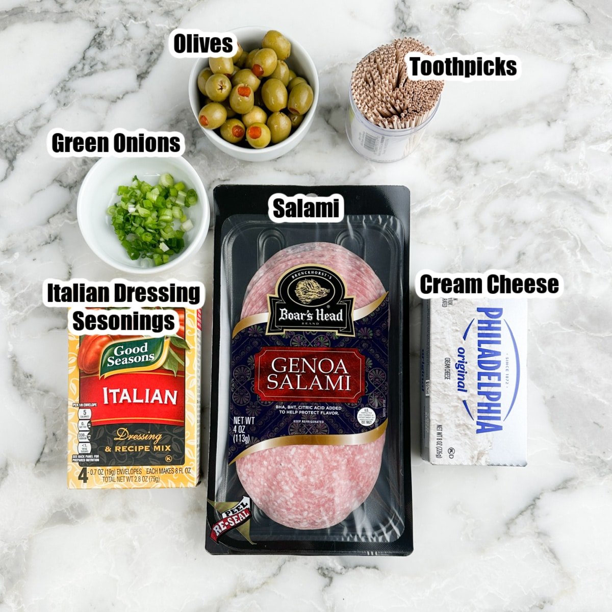 Package of salami, Italian dressing seasonings, cream cheese, green onions, olives, and toothpicks.