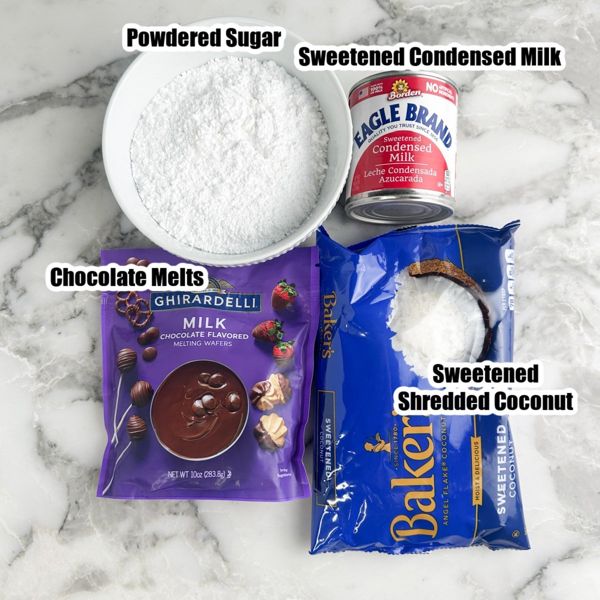 Bag of sweetened coconut, bowl of powdered sugar, can of sweetened condensed milk, bag of chocolate melts.