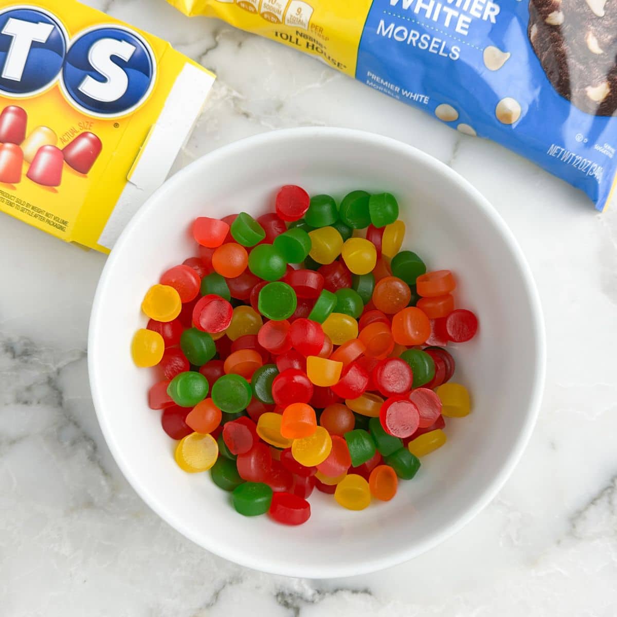 Bowl of Dots candy cut in half. 