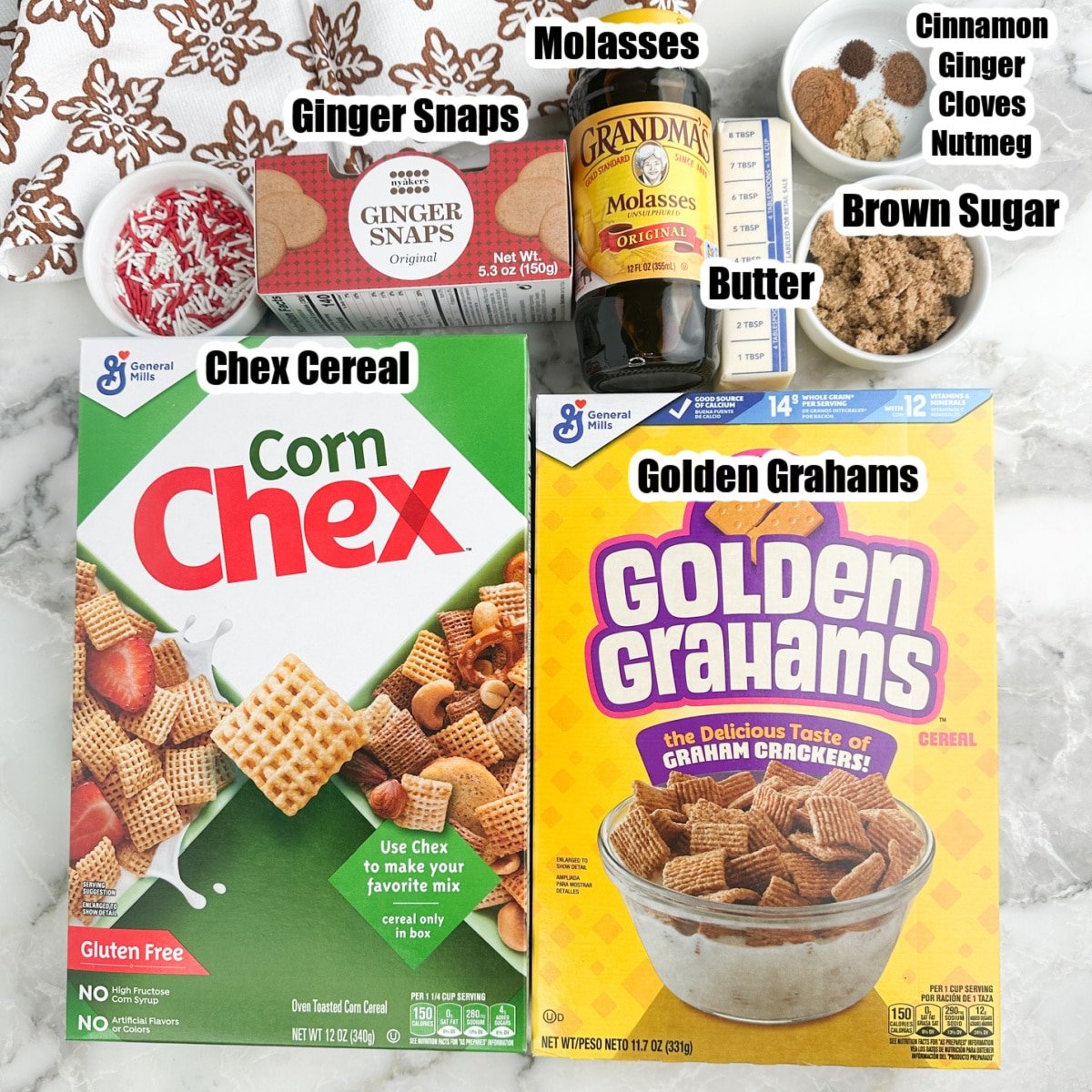 Box of Chex, Golden Grahams, ginger snaps, molasses, brown sugar, butter, and seasonings. 