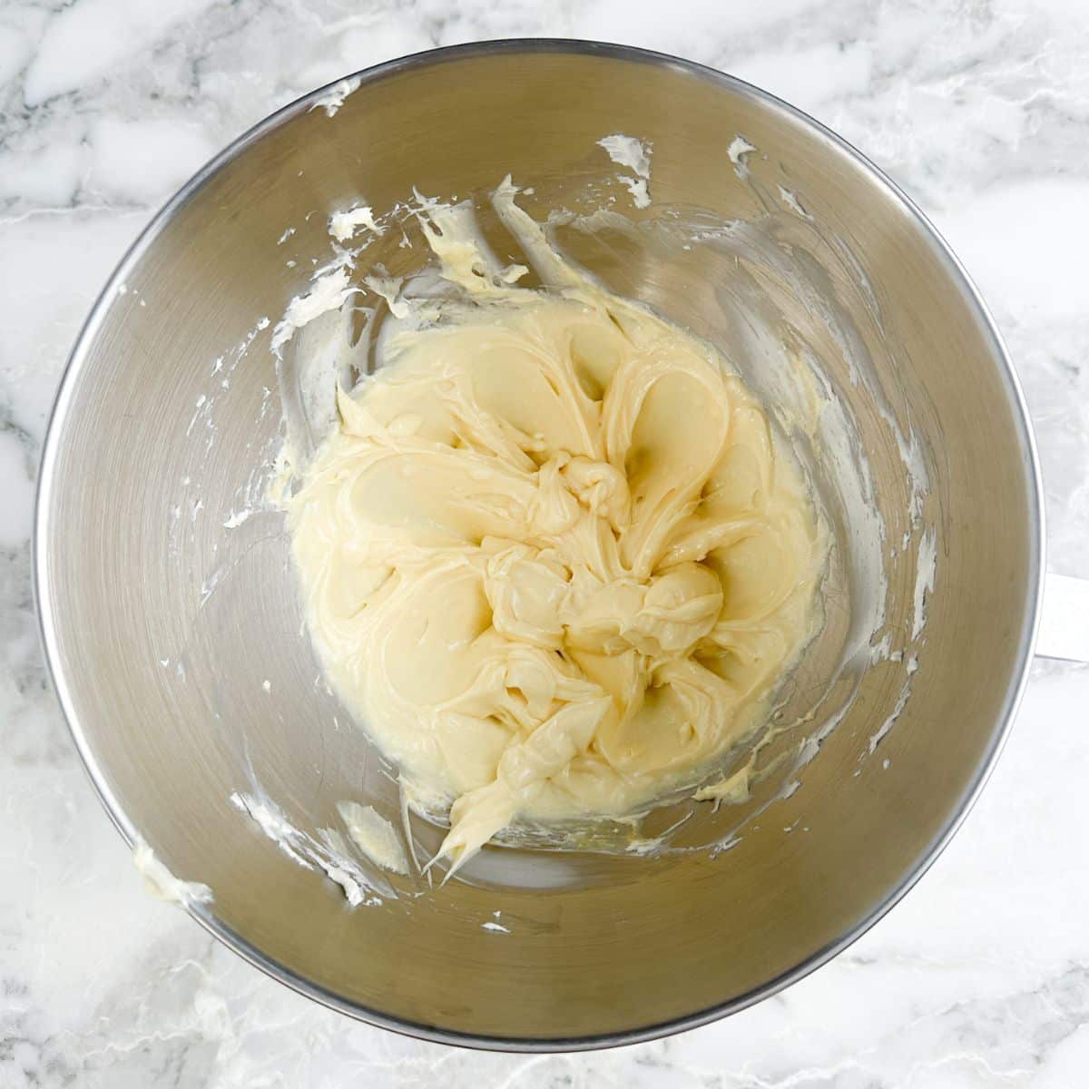 Mixing bowl with cream cheese filling.